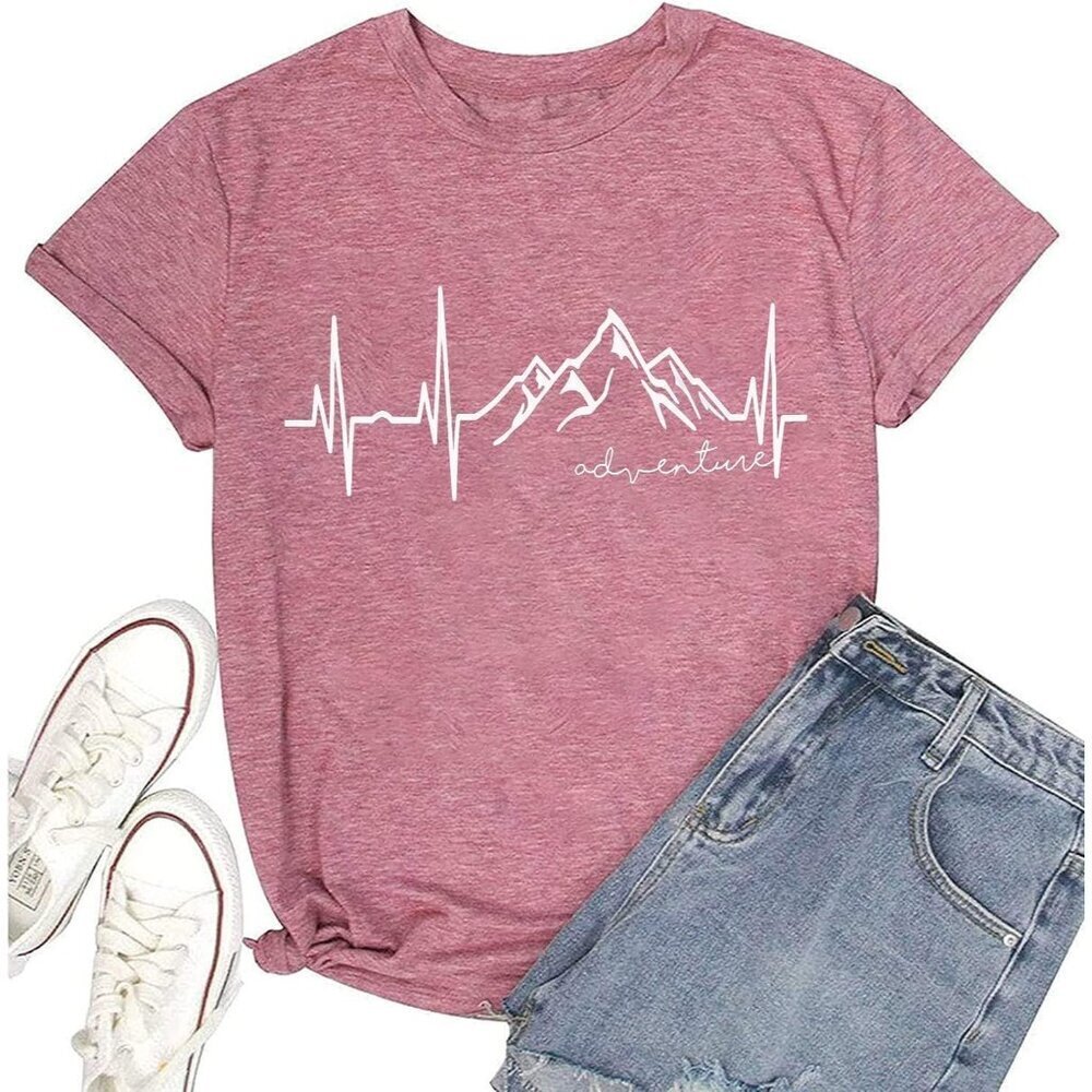 🆕Women Pink Cotton Blended Graphic T-Shirt Mountain Adventure Hiking